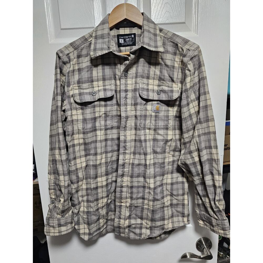 Carhartt Flannel Shirt Mens S Gray PLAID OUTDOOR Long Sleeve Heavyweight
